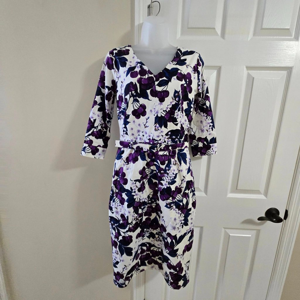 Samantha Sung Grape Vineyard Floral Belted Dress Size 6